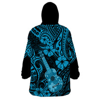 Hawaii Ukulele Wearable Blanket Hoodie Polynesian Pattern Sky Blue Version - Wonder Print Shop