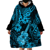 Hawaii Ukulele Wearable Blanket Hoodie Polynesian Pattern Sky Blue Version - Wonder Print Shop