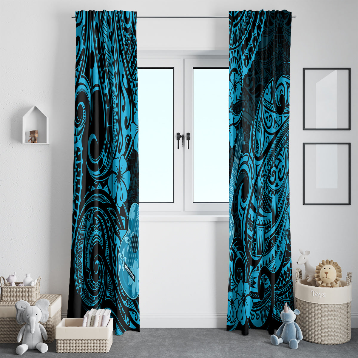 Hawaii Ukulele Window Curtain Polynesian Pattern Sky Blue Version - Wonder Print Shop