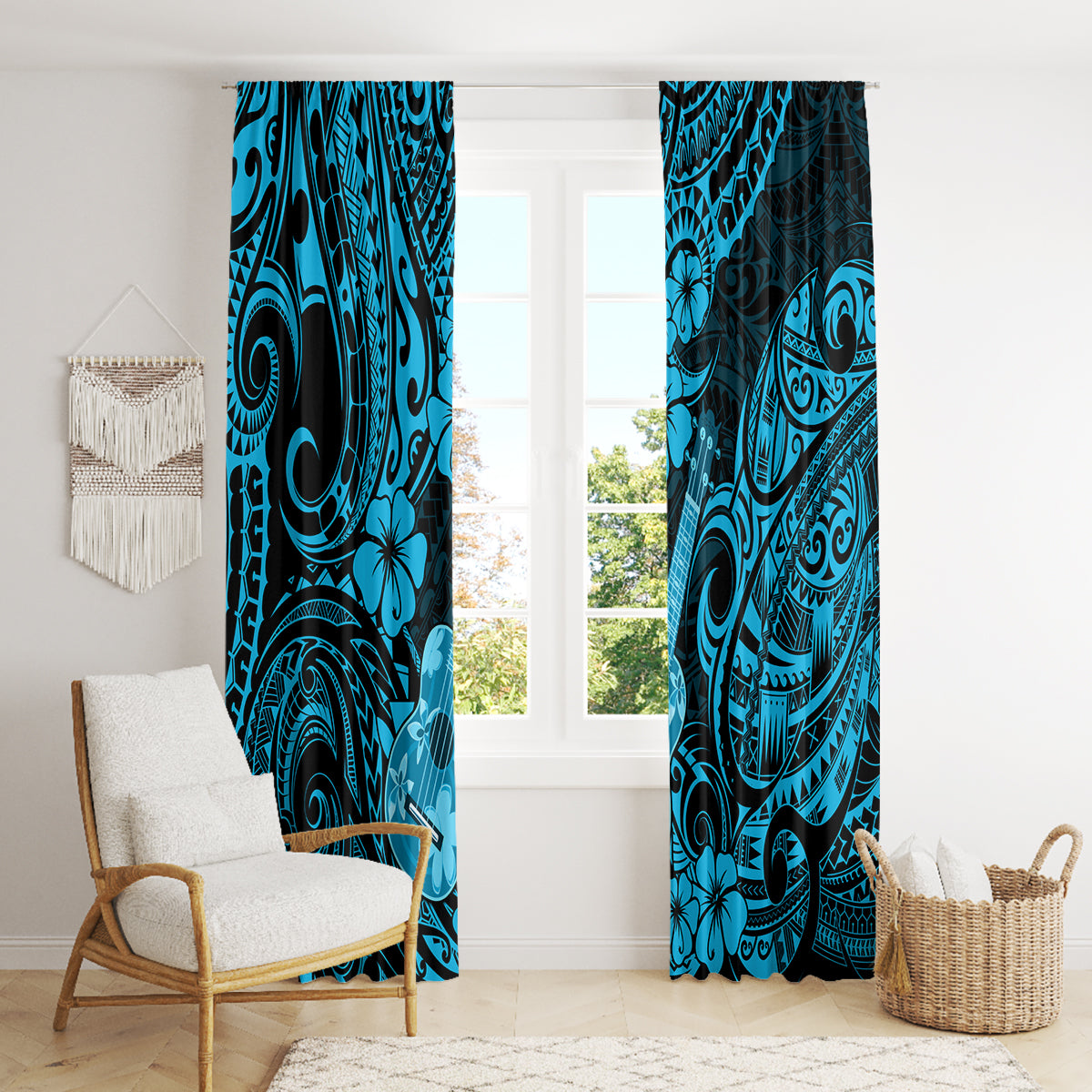 Hawaii Ukulele Window Curtain Polynesian Pattern Sky Blue Version - Wonder Print Shop