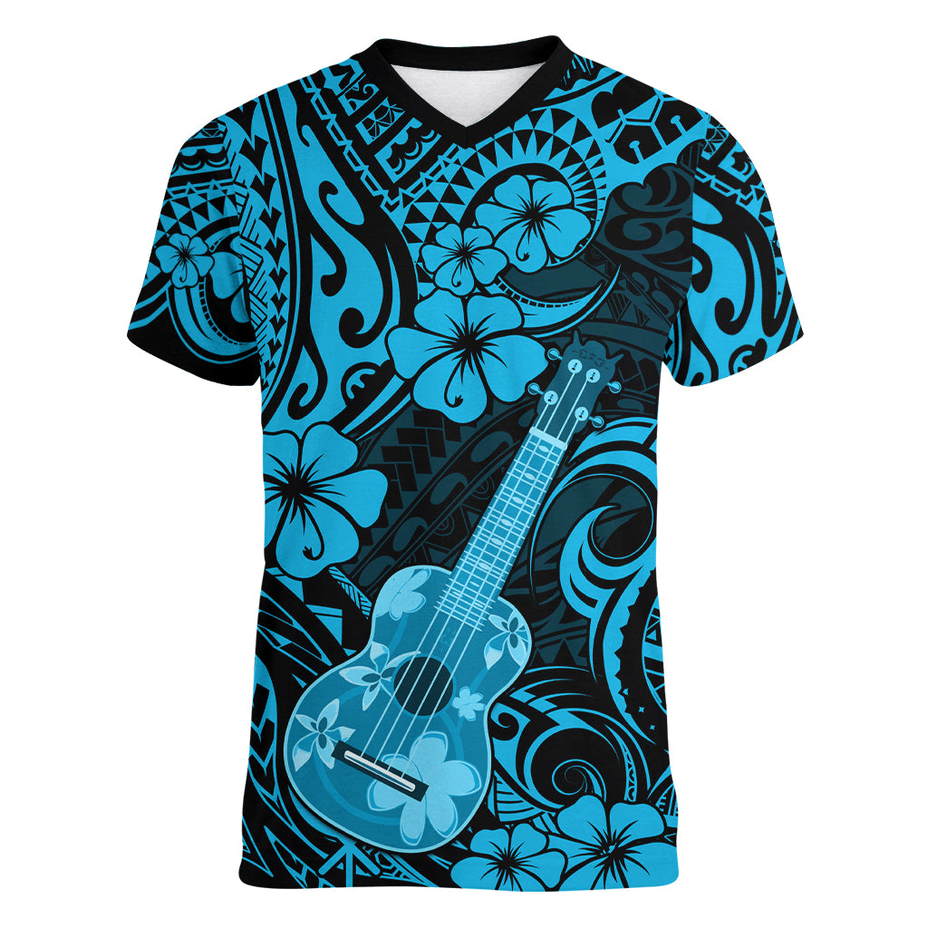 Hawaii Ukulele Women V Neck T Shirt Polynesian Pattern Sky Blue Version - Wonder Print Shop