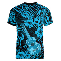 Hawaii Ukulele Women V Neck T Shirt Polynesian Pattern Sky Blue Version - Wonder Print Shop