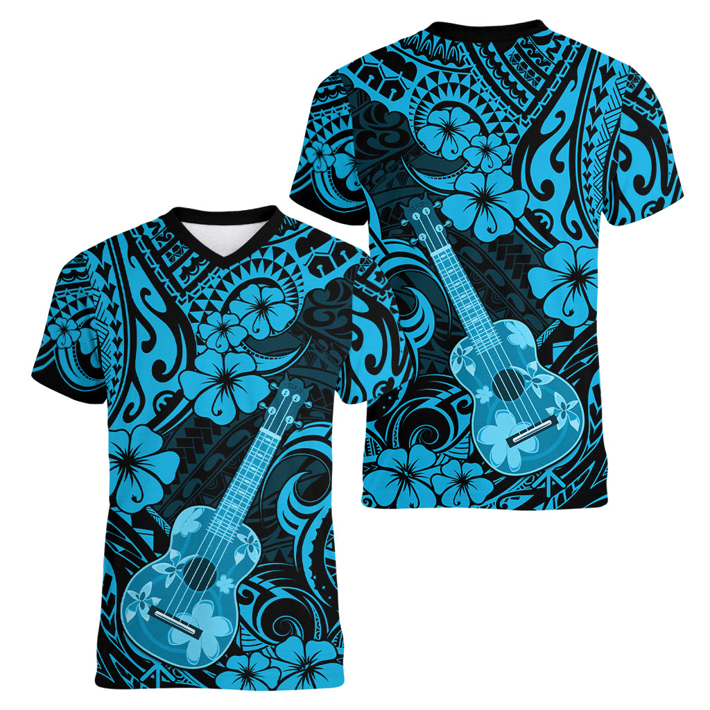 Hawaii Ukulele Women V Neck T Shirt Polynesian Pattern Sky Blue Version - Wonder Print Shop