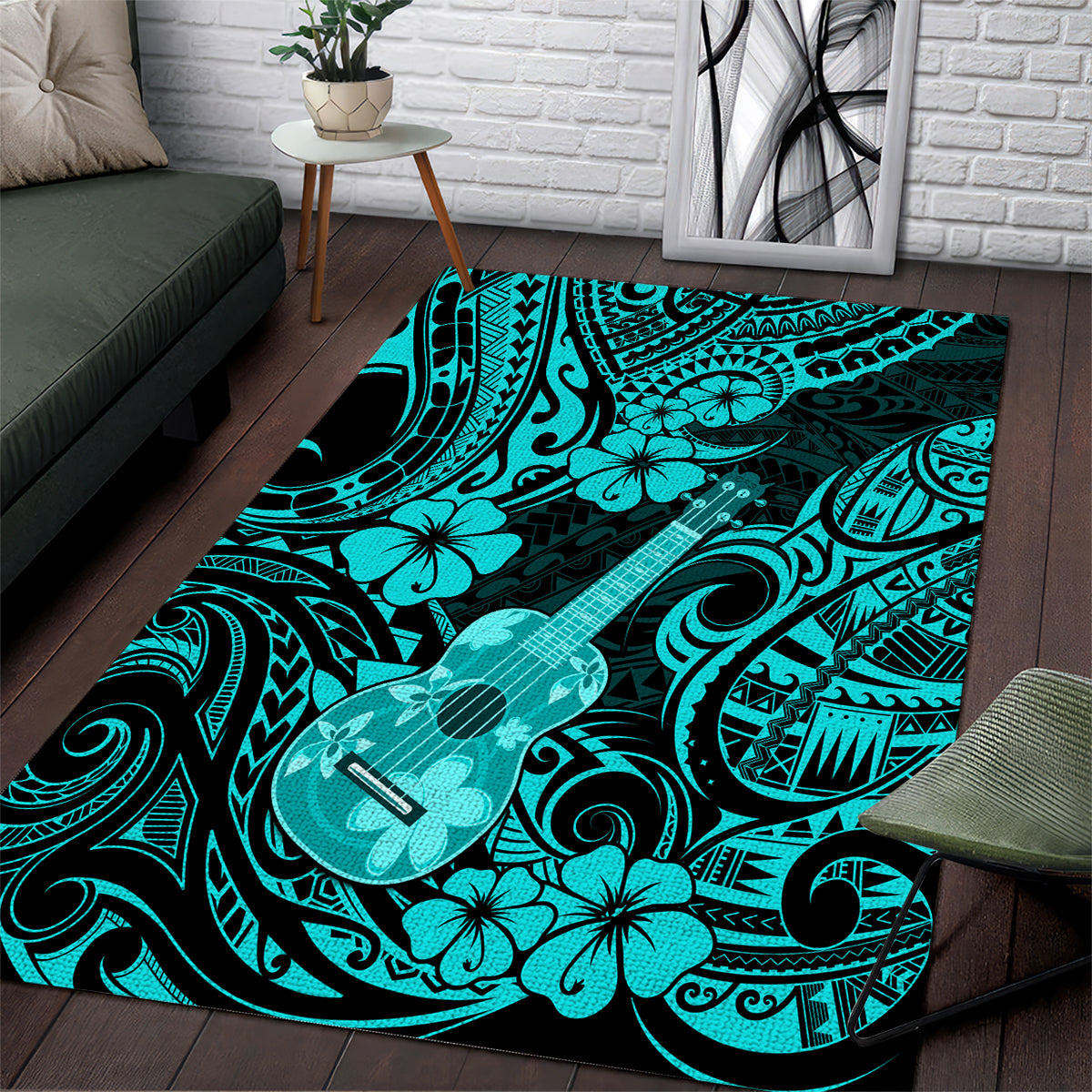 Hawaii Ukulele Area Rug Polynesian Pattern Turquoise Version - Wonder Print Shop