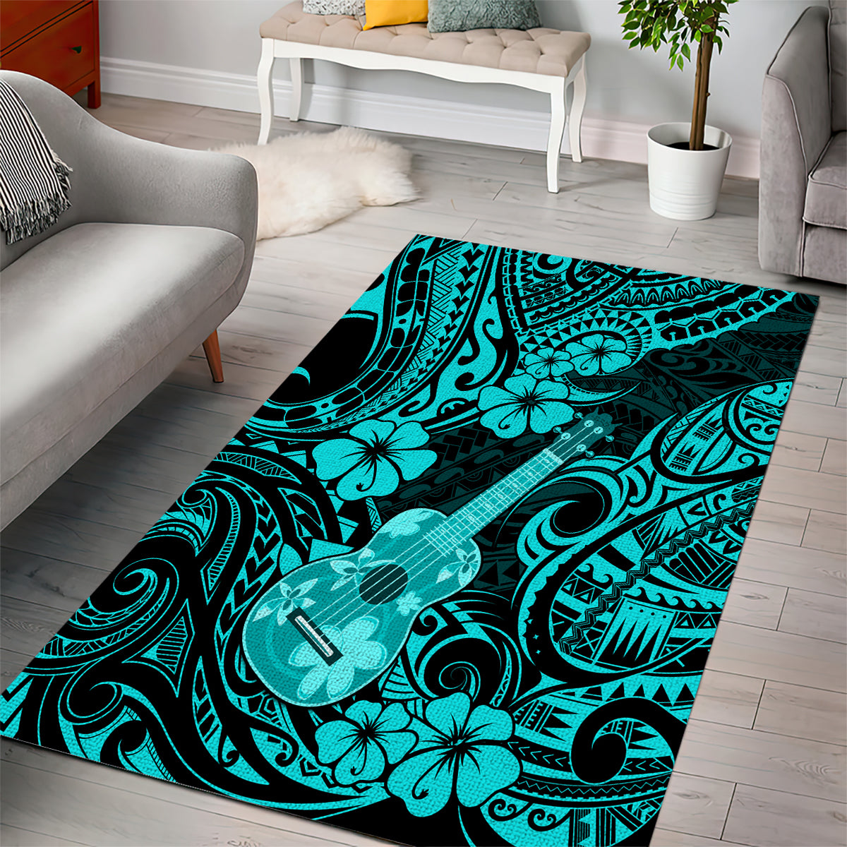Hawaii Ukulele Area Rug Polynesian Pattern Turquoise Version - Wonder Print Shop