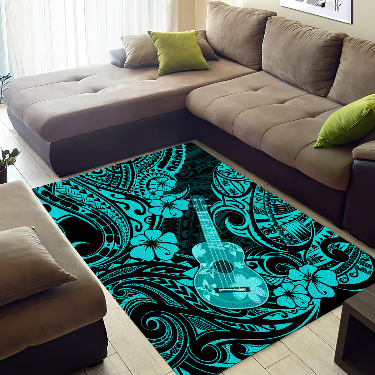 Hawaii Ukulele Area Rug Polynesian Pattern Turquoise Version - Wonder Print Shop