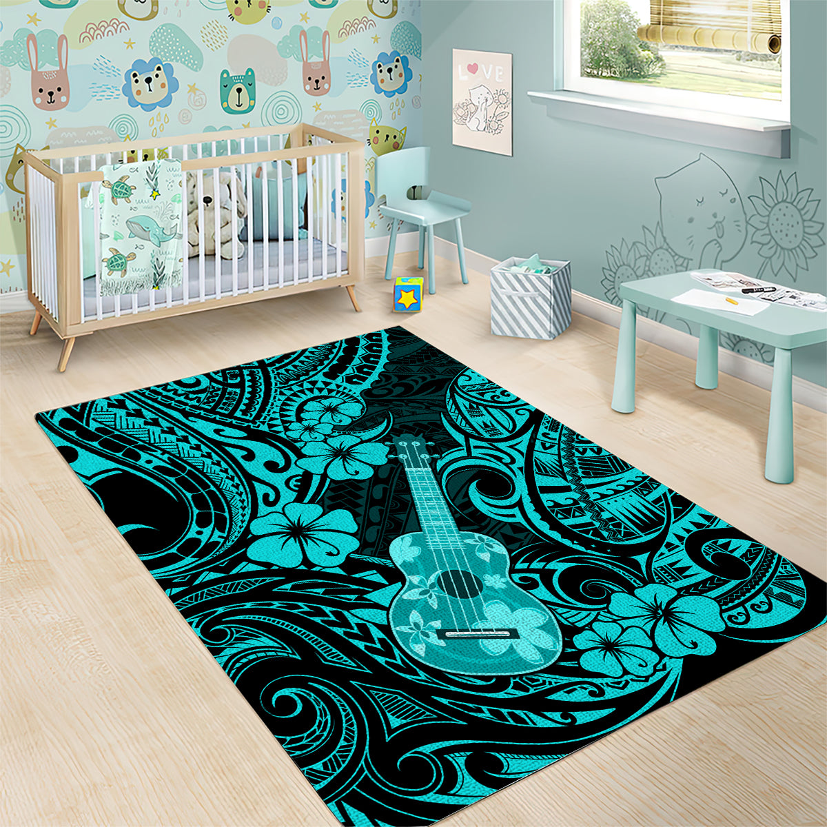 Hawaii Ukulele Area Rug Polynesian Pattern Turquoise Version - Wonder Print Shop