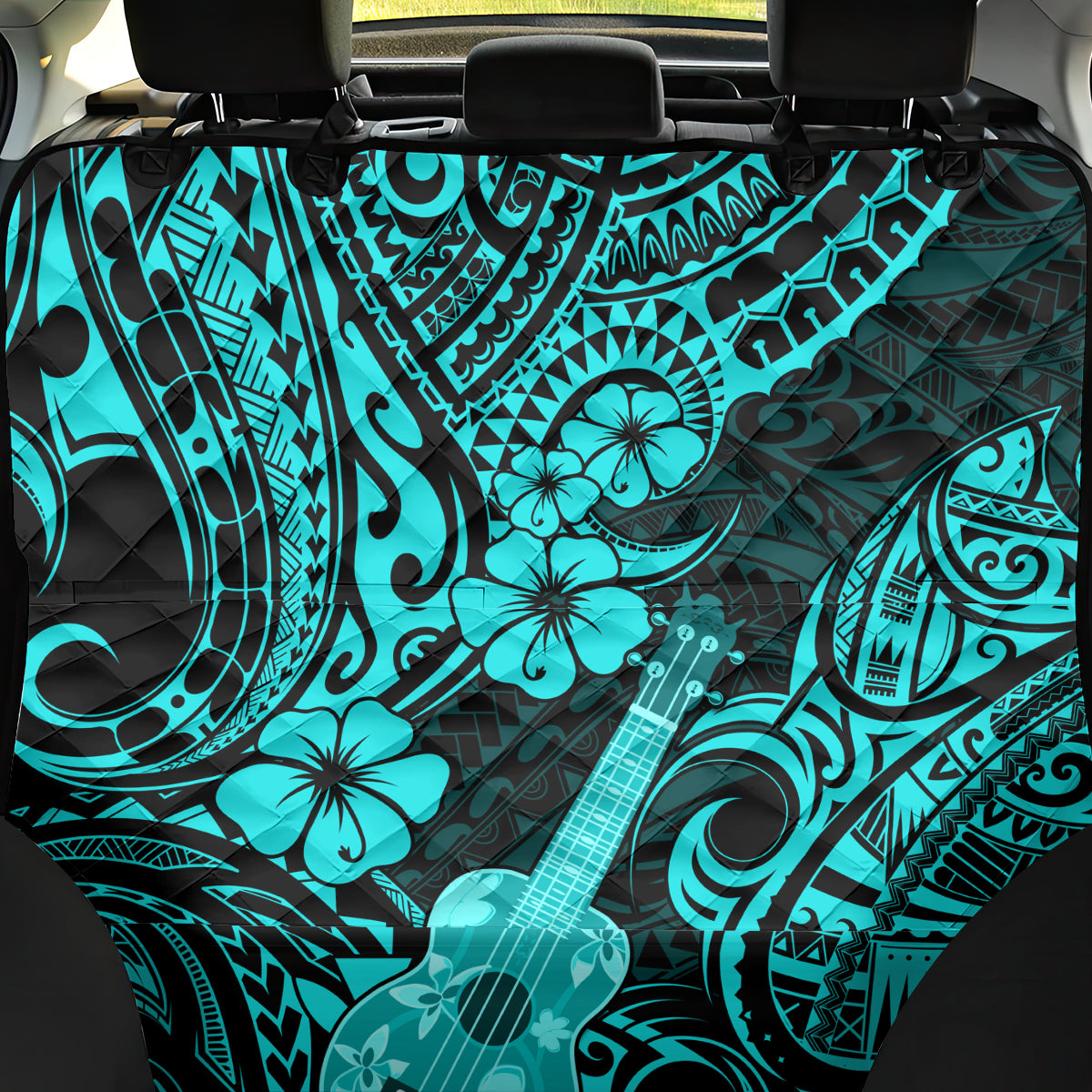 Hawaii Ukulele Back Car Seat Cover Polynesian Pattern Turquoise Version - Wonder Print Shop