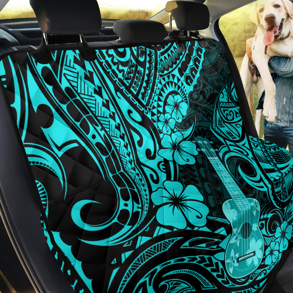 Hawaii Ukulele Back Car Seat Cover Polynesian Pattern Turquoise Version - Wonder Print Shop