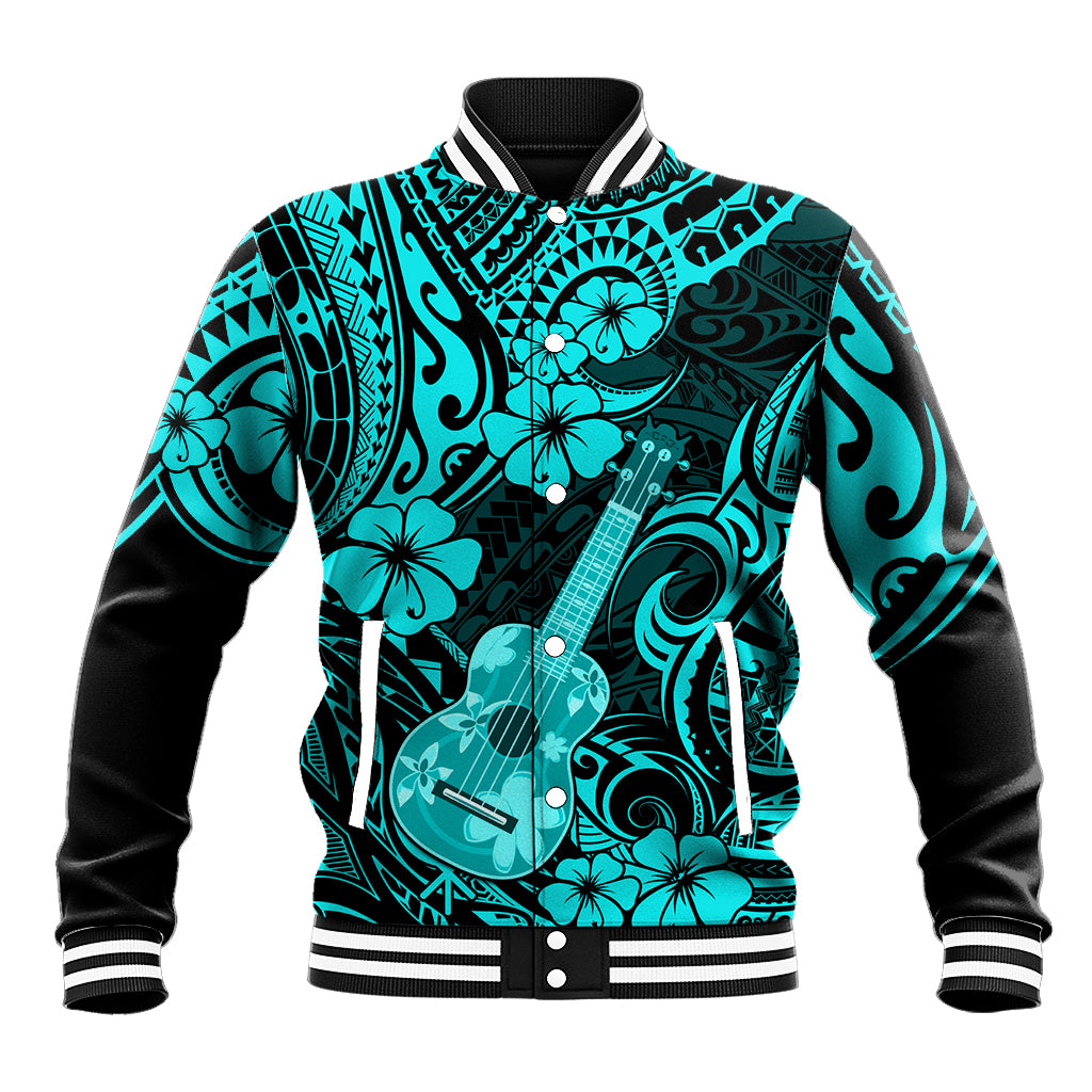 Hawaii Ukulele Baseball Jacket Polynesian Pattern Turquoise Version - Wonder Print Shop