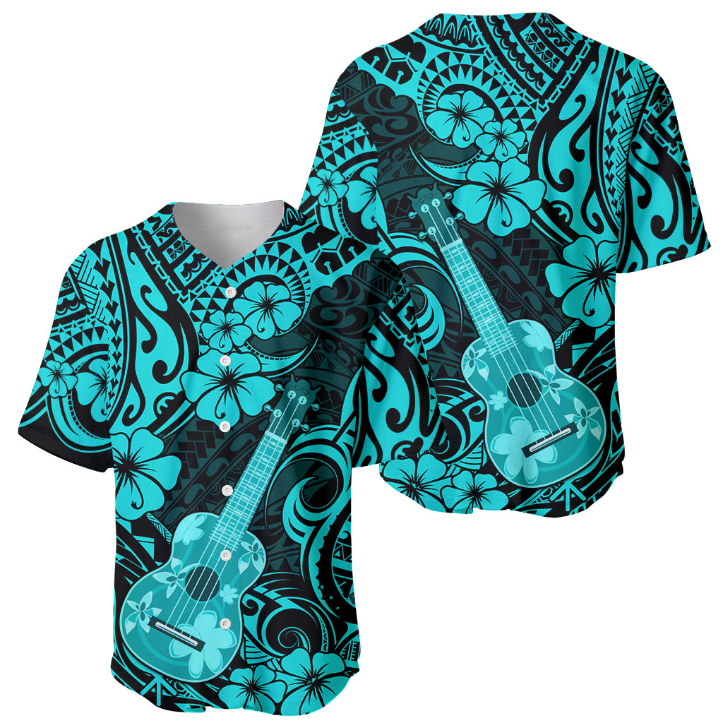 Hawaii Ukulele Baseball Jersey Polynesian Pattern Turquoise Version - Wonder Print Shop