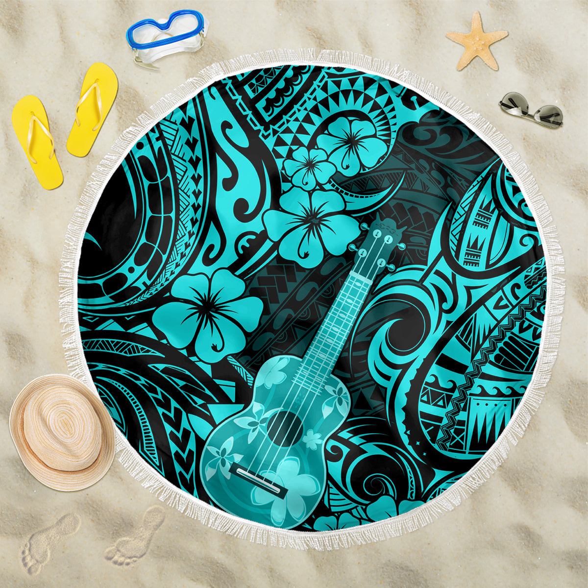 Hawaii Ukulele Beach Blanket Polynesian Pattern Turquoise Version - Wonder Print Shop