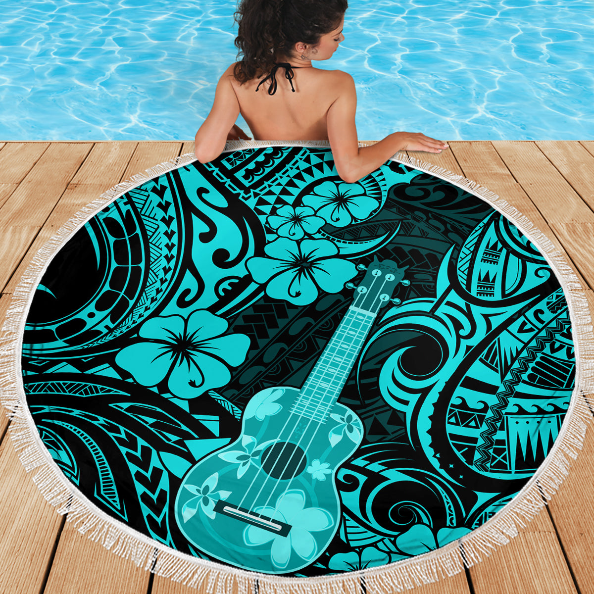 Hawaii Ukulele Beach Blanket Polynesian Pattern Turquoise Version - Wonder Print Shop