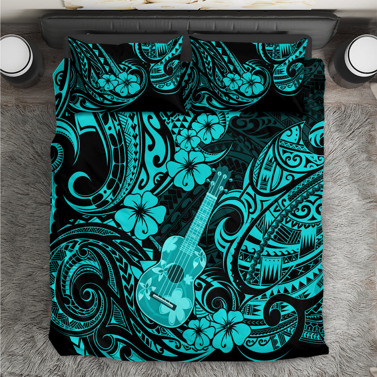 Hawaii Ukulele Bedding Set Polynesian Pattern Turquoise Version - Wonder Print Shop