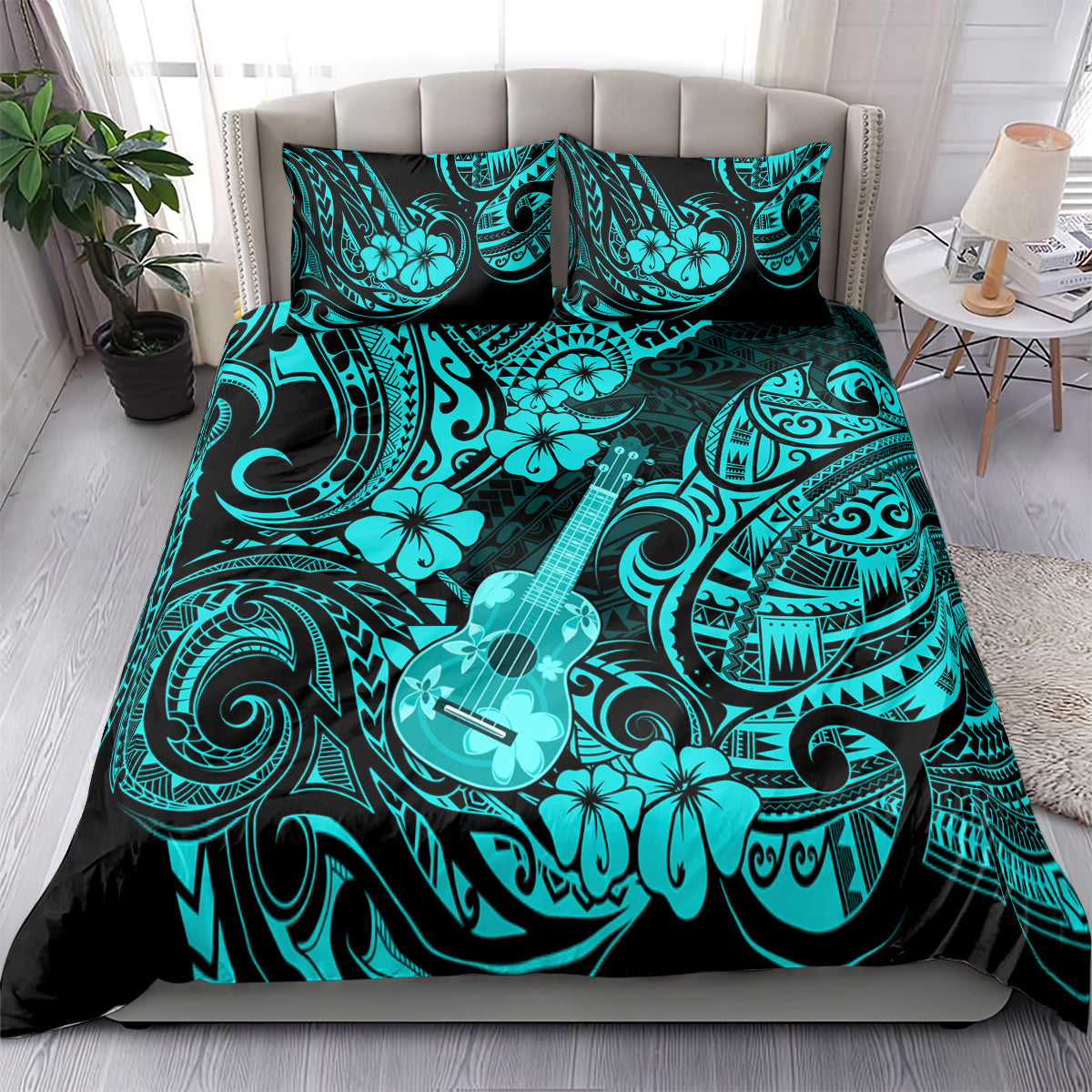 Hawaii Ukulele Bedding Set Polynesian Pattern Turquoise Version - Wonder Print Shop