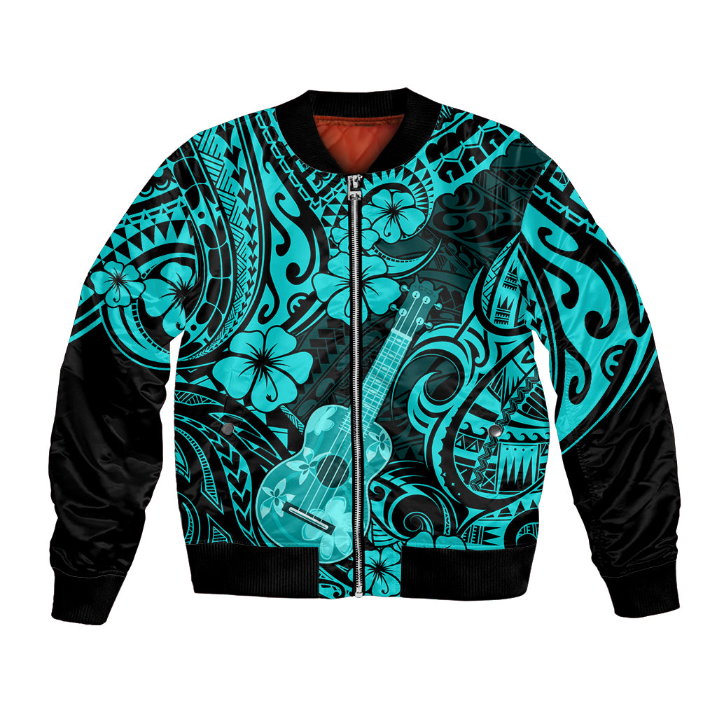 Hawaii Ukulele Bomber Jacket Polynesian Pattern Turquoise Version - Wonder Print Shop