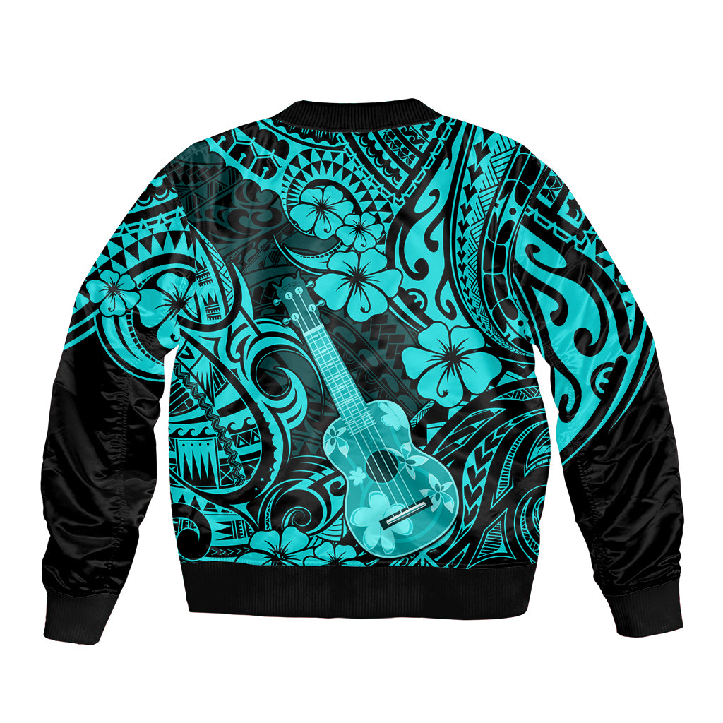Hawaii Ukulele Bomber Jacket Polynesian Pattern Turquoise Version - Wonder Print Shop