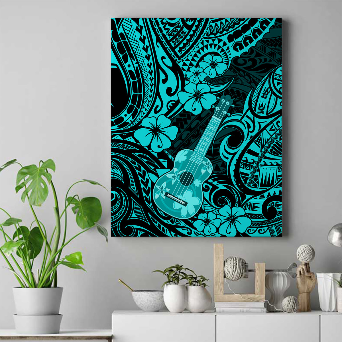 Hawaii Ukulele Canvas Wall Art Polynesian Pattern Turquoise Version - Wonder Print Shop