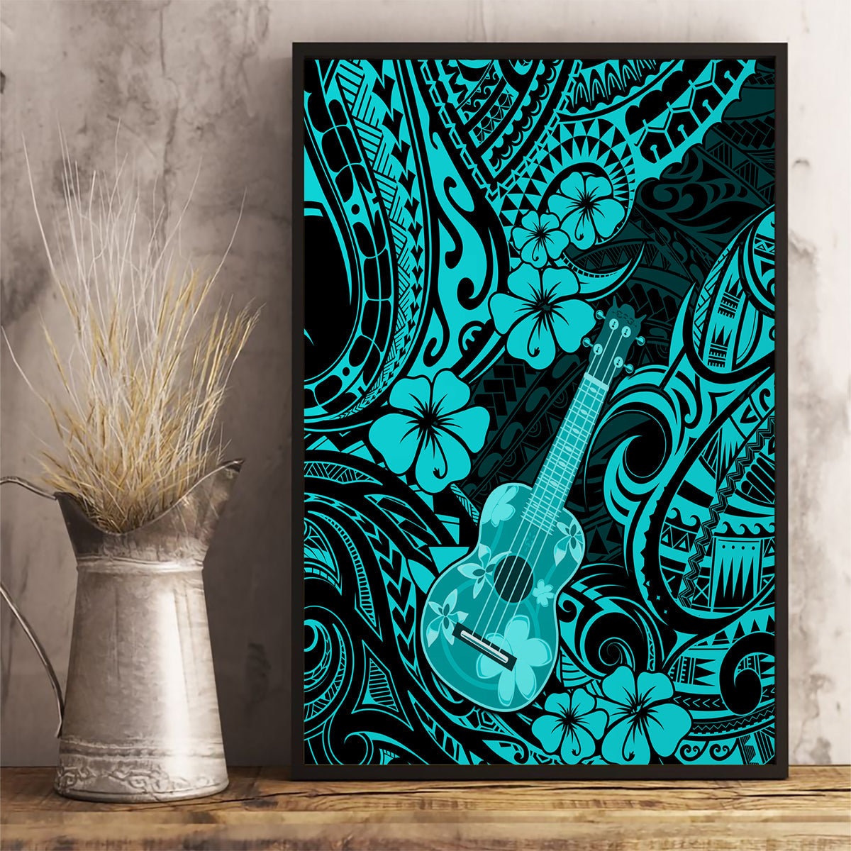 Hawaii Ukulele Canvas Wall Art Polynesian Pattern Turquoise Version - Wonder Print Shop