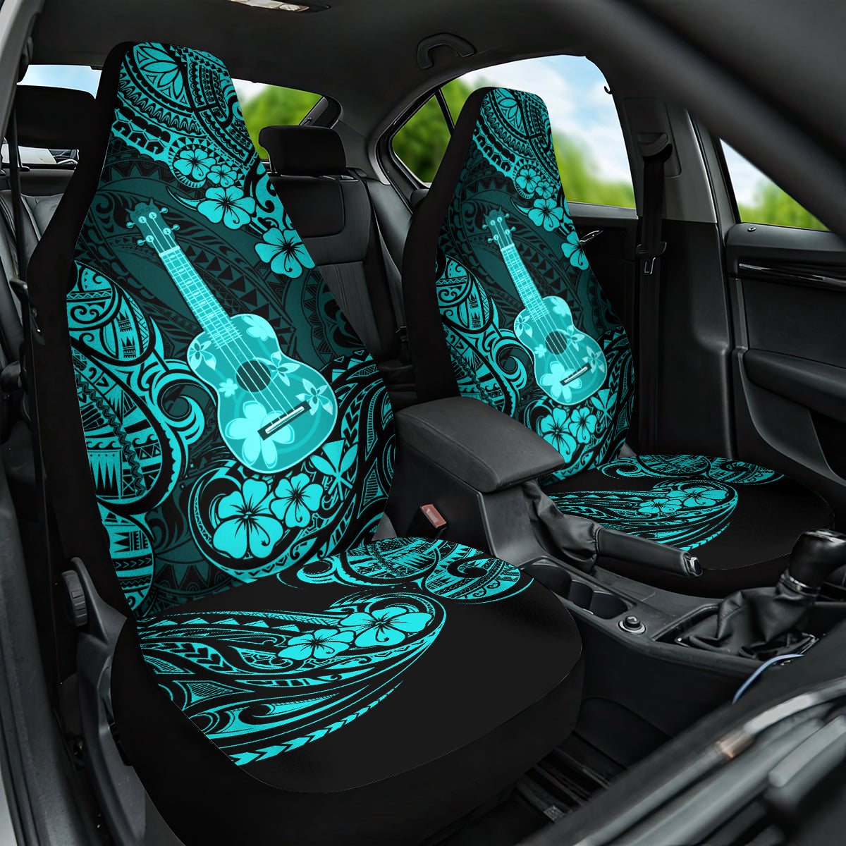 Hawaii Ukulele Car Seat Cover Polynesian Pattern Turquoise Version - Wonder Print Shop
