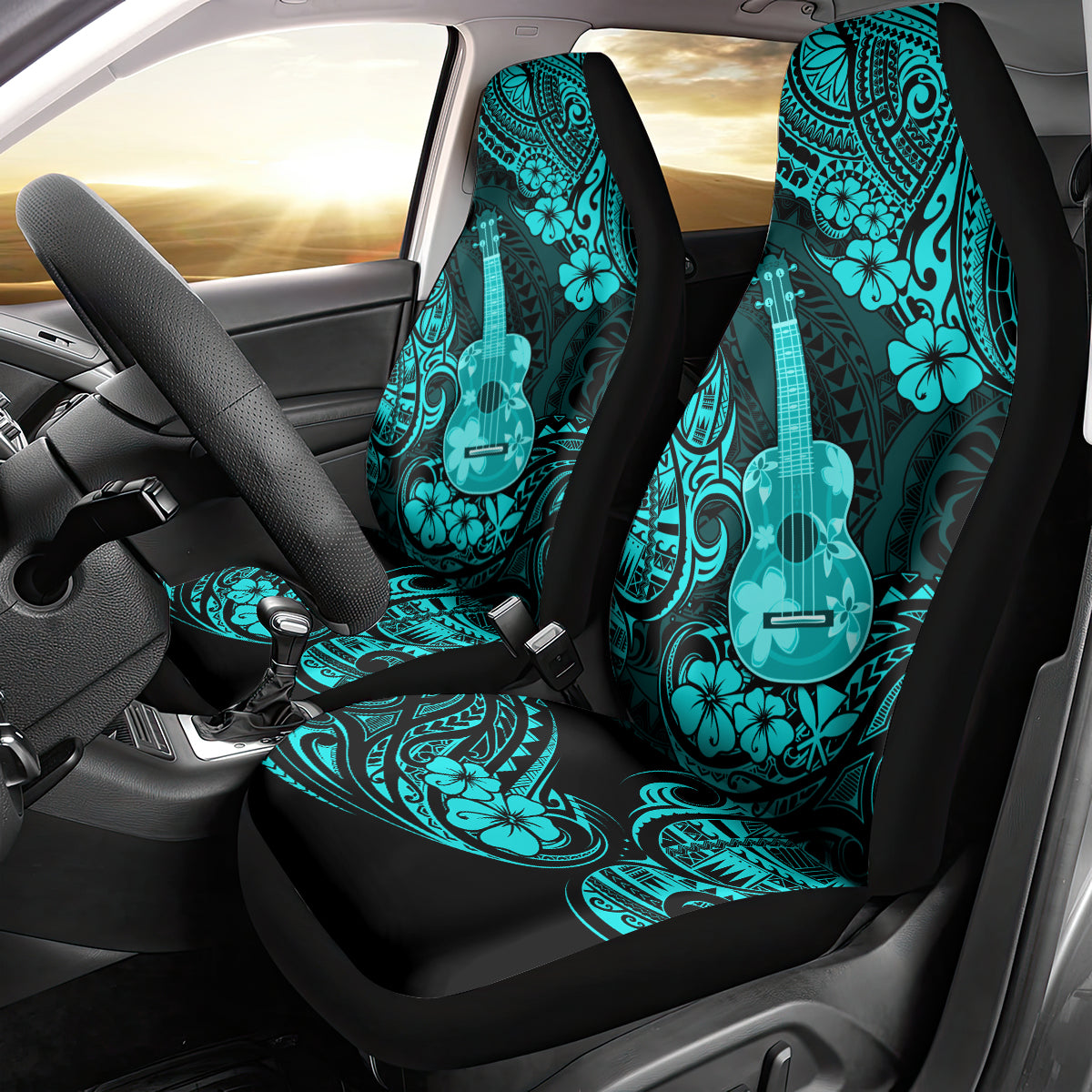 Hawaii Ukulele Car Seat Cover Polynesian Pattern Turquoise Version - Wonder Print Shop