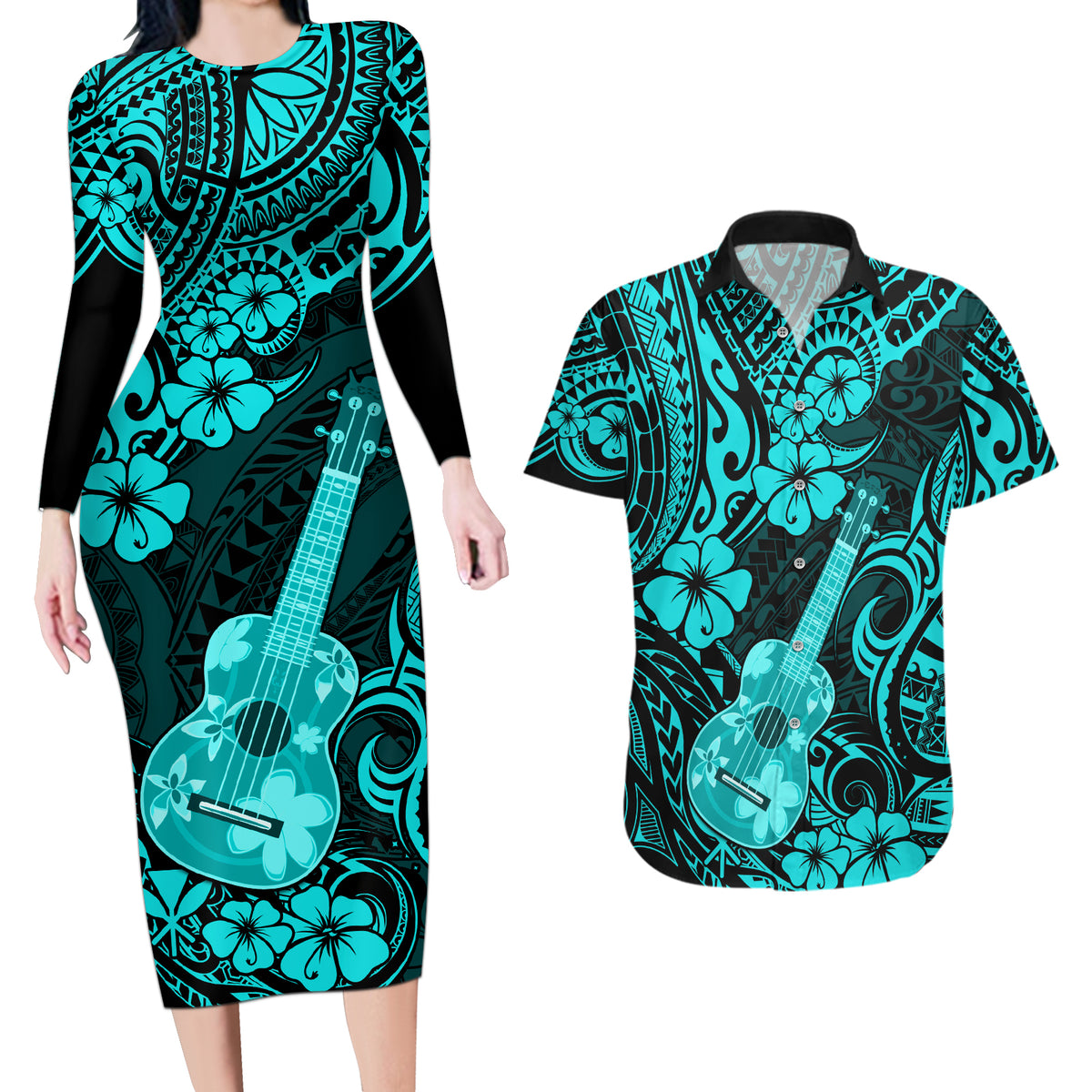 Hawaii Ukulele Couples Matching Long Sleeve Bodycon Dress and Hawaiian Shirt Polynesian Pattern Turquoise Version - Wonder Print Shop