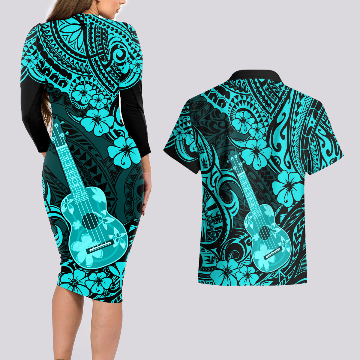 Hawaii Ukulele Couples Matching Long Sleeve Bodycon Dress and Hawaiian Shirt Polynesian Pattern Turquoise Version - Wonder Print Shop