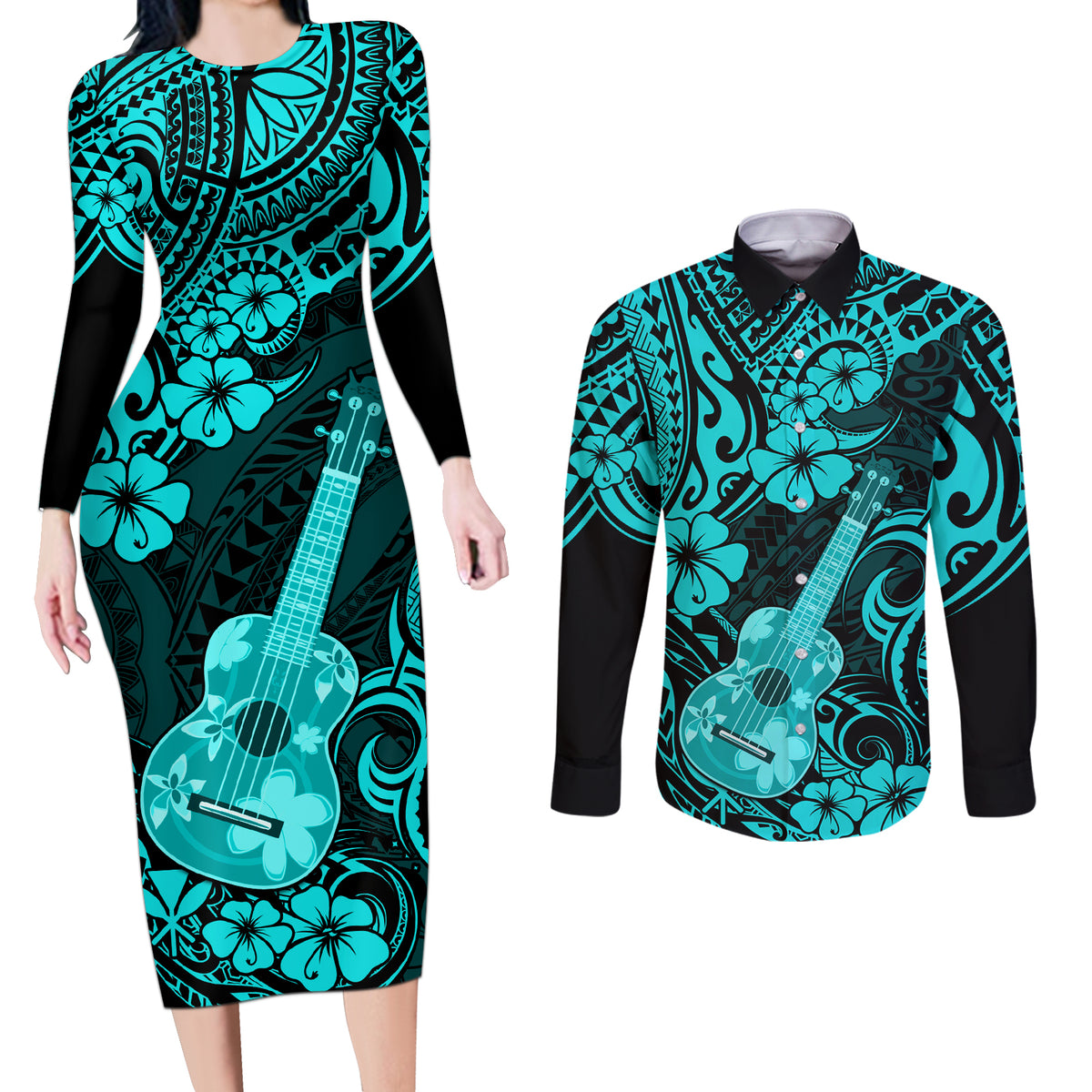 Hawaii Ukulele Couples Matching Long Sleeve Bodycon Dress and Long Sleeve Button Shirts Polynesian Pattern Turquoise Version - Wonder Print Shop