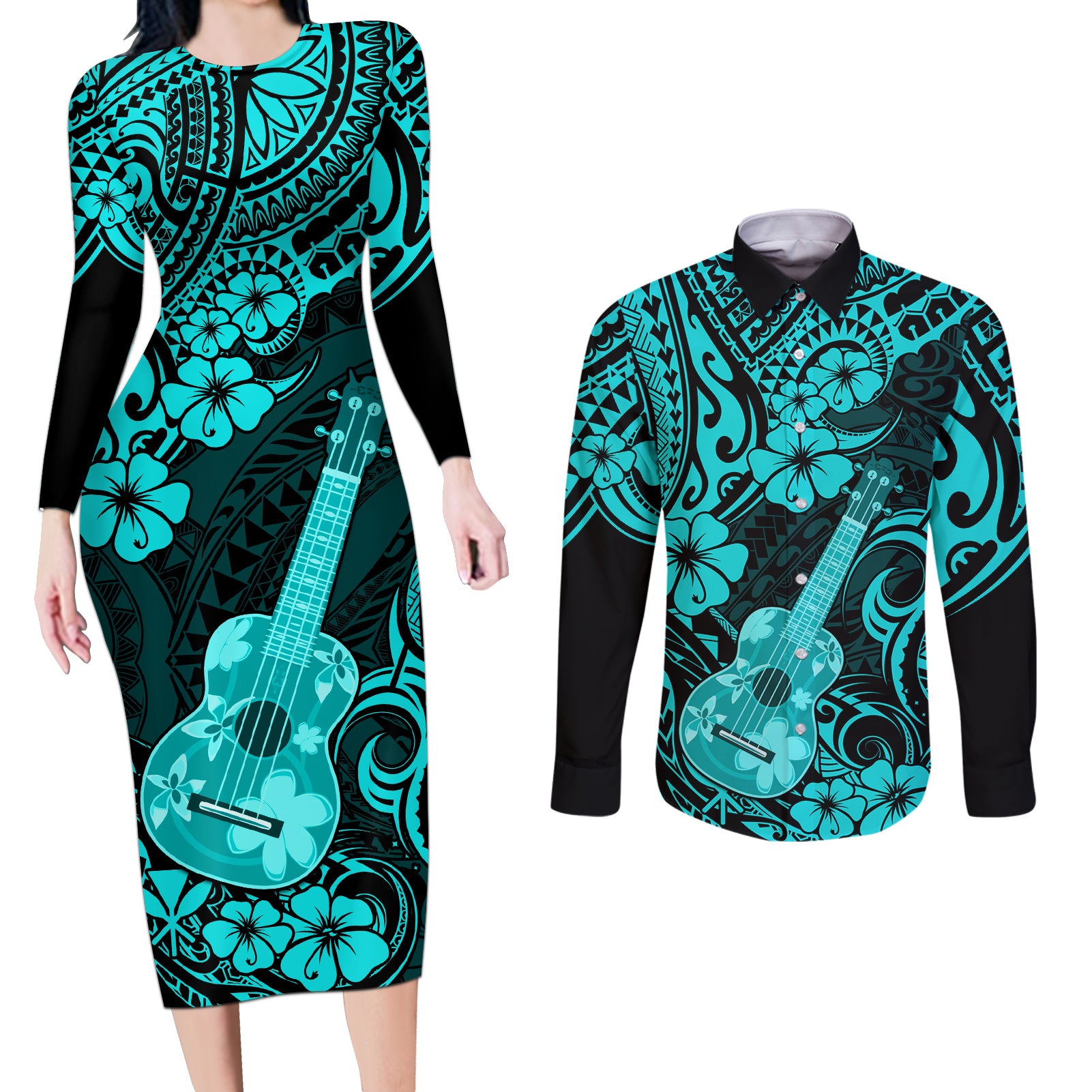 Hawaii Ukulele Couples Matching Long Sleeve Bodycon Dress and Long Sleeve Button Shirts Polynesian Pattern Turquoise Version - Wonder Print Shop