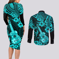 Hawaii Ukulele Couples Matching Long Sleeve Bodycon Dress and Long Sleeve Button Shirts Polynesian Pattern Turquoise Version - Wonder Print Shop