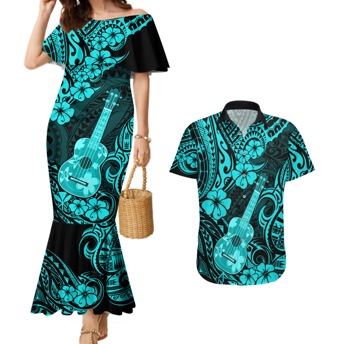 Hawaii Ukulele Couples Matching Mermaid Dress and Hawaiian Shirt Polynesian Pattern Turquoise Version - Wonder Print Shop