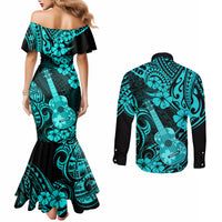 hawaii-ukulele-couples-matching-mermaid-dress-and-long-sleeve-button-shirts-polynesian-pattern-turquoise-version
