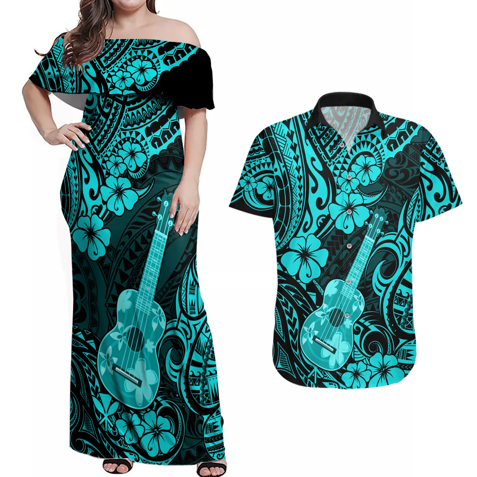 Hawaii Ukulele Couples Matching Off Shoulder Maxi Dress and Hawaiian Shirt Polynesian Pattern Turquoise Version - Wonder Print Shop