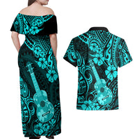 Hawaii Ukulele Couples Matching Off Shoulder Maxi Dress and Hawaiian Shirt Polynesian Pattern Turquoise Version - Wonder Print Shop