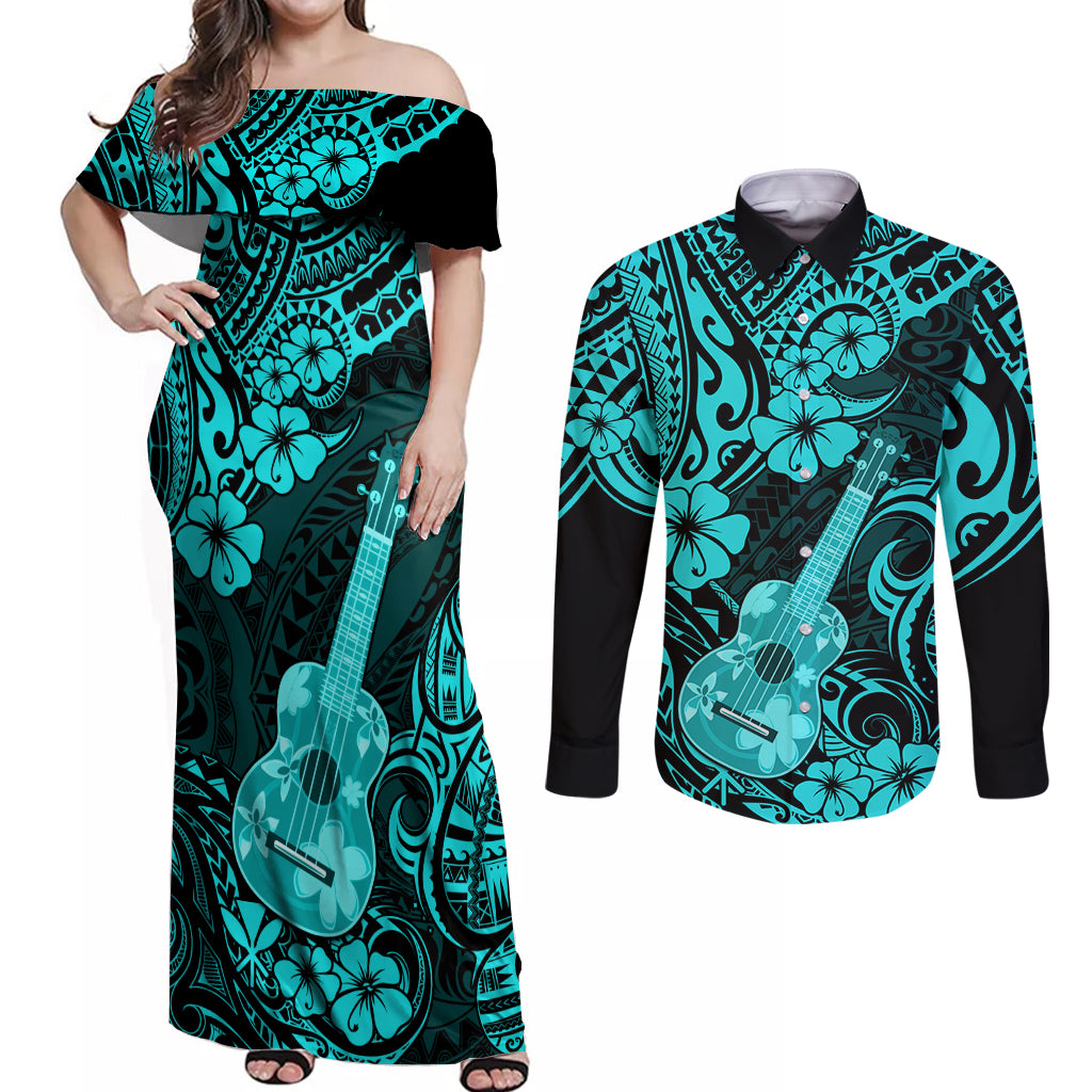 Hawaii Ukulele Couples Matching Off Shoulder Maxi Dress and Long Sleeve Button Shirts Polynesian Pattern Turquoise Version - Wonder Print Shop