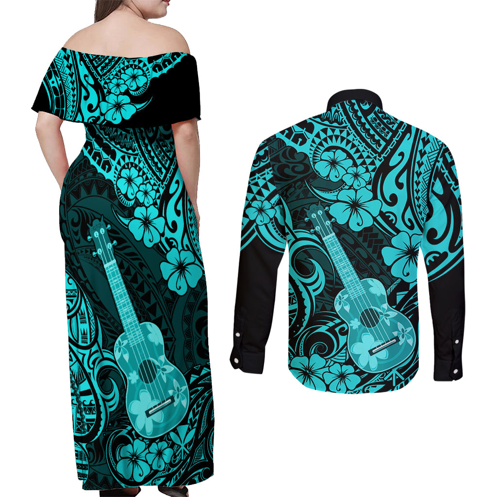 Hawaii Ukulele Couples Matching Off Shoulder Maxi Dress and Long Sleeve Button Shirts Polynesian Pattern Turquoise Version - Wonder Print Shop