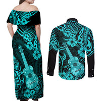 Hawaii Ukulele Couples Matching Off Shoulder Maxi Dress and Long Sleeve Button Shirts Polynesian Pattern Turquoise Version - Wonder Print Shop