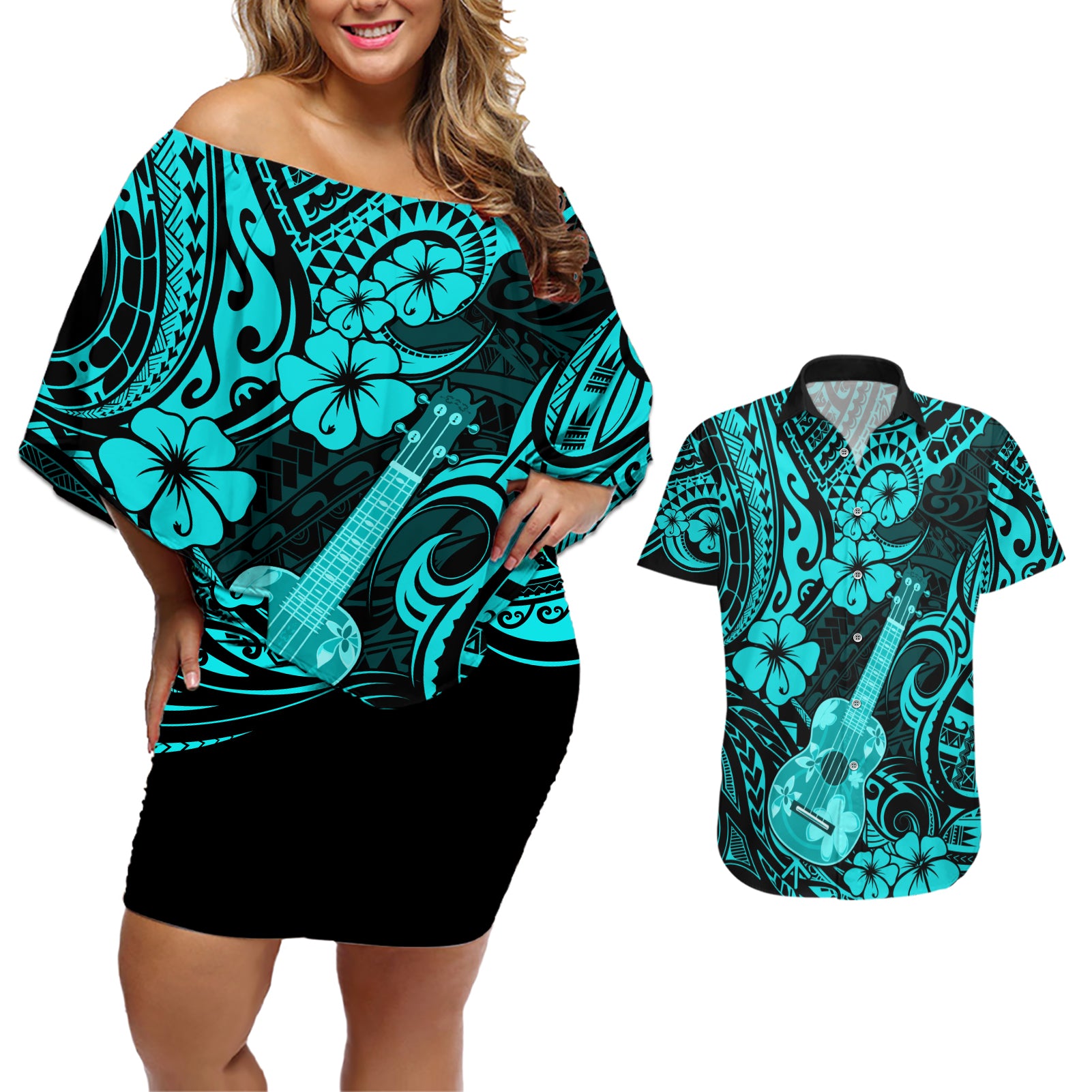 Hawaii Ukulele Couples Matching Off Shoulder Short Dress and Hawaiian Shirt Polynesian Pattern Turquoise Version - Wonder Print Shop