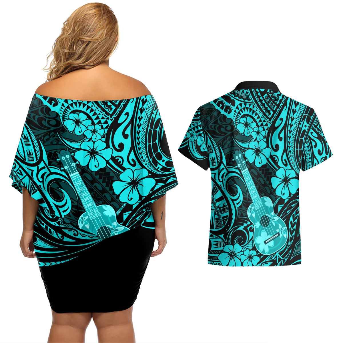 Hawaii Ukulele Couples Matching Off Shoulder Short Dress and Hawaiian Shirt Polynesian Pattern Turquoise Version - Wonder Print Shop