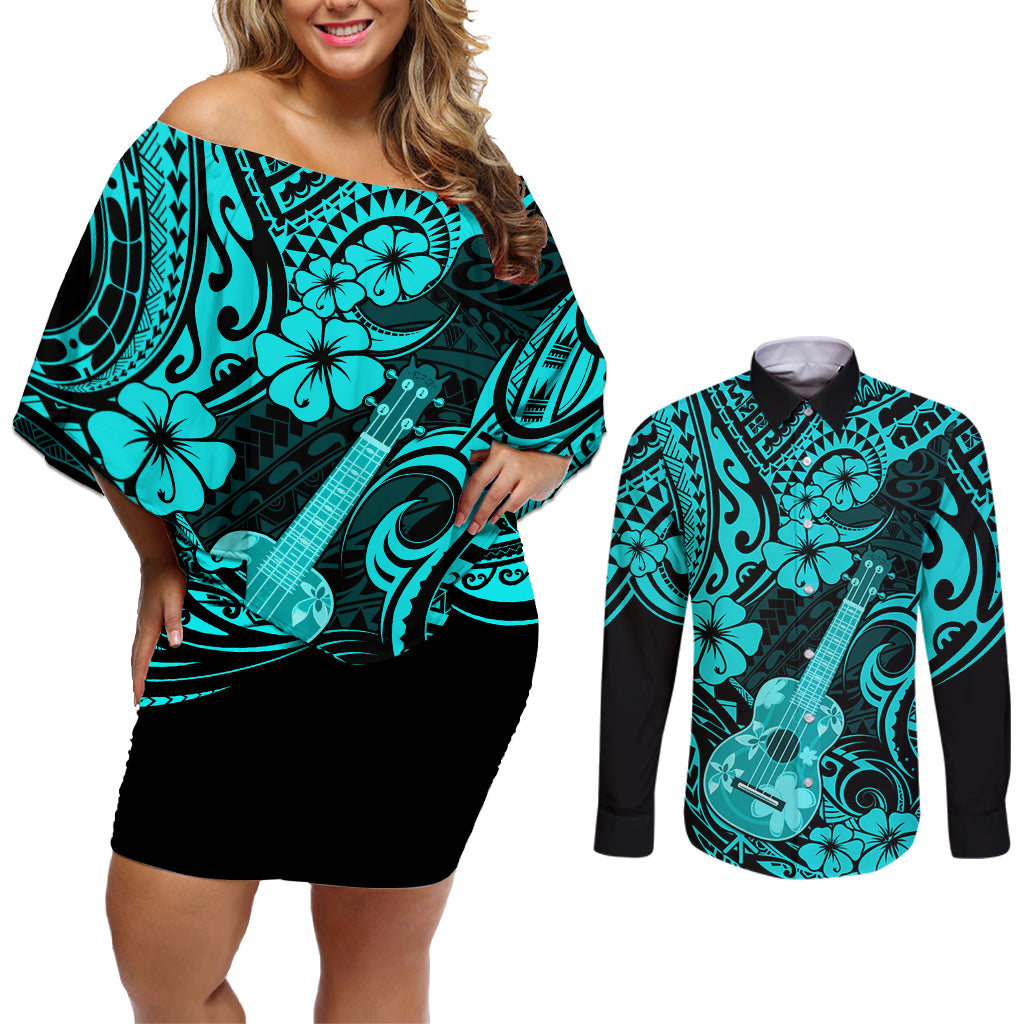 Hawaii Ukulele Couples Matching Off Shoulder Short Dress and Long Sleeve Button Shirts Polynesian Pattern Turquoise Version - Wonder Print Shop