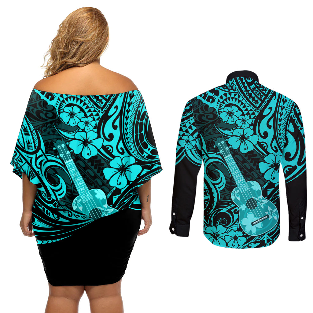 Hawaii Ukulele Couples Matching Off Shoulder Short Dress and Long Sleeve Button Shirts Polynesian Pattern Turquoise Version - Wonder Print Shop