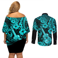 Hawaii Ukulele Couples Matching Off Shoulder Short Dress and Long Sleeve Button Shirts Polynesian Pattern Turquoise Version - Wonder Print Shop