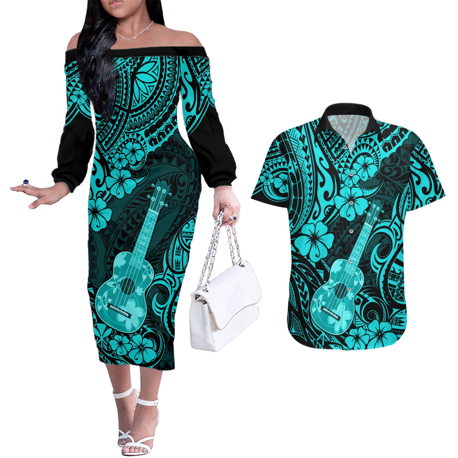 Hawaii Ukulele Couples Matching Off The Shoulder Long Sleeve Dress and Hawaiian Shirt Polynesian Pattern Turquoise Version - Wonder Print Shop
