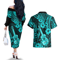 Hawaii Ukulele Couples Matching Off The Shoulder Long Sleeve Dress and Hawaiian Shirt Polynesian Pattern Turquoise Version - Wonder Print Shop