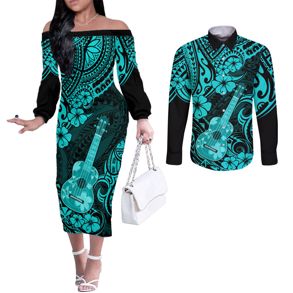 hawaii-ukulele-couples-matching-off-the-shoulder-long-sleeve-dress-and-long-sleeve-button-shirts-polynesian-pattern-turquoise-version