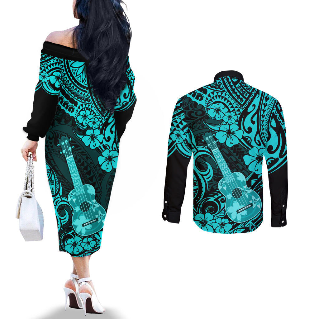 hawaii-ukulele-couples-matching-off-the-shoulder-long-sleeve-dress-and-long-sleeve-button-shirts-polynesian-pattern-turquoise-version