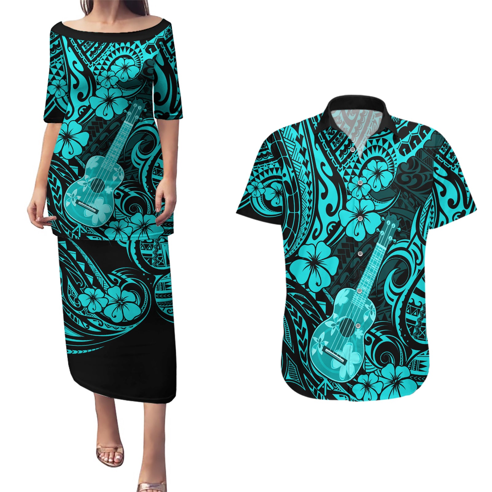 Hawaii Ukulele Couples Matching Puletasi Dress and Hawaiian Shirt Polynesian Pattern Turquoise Version - Wonder Print Shop