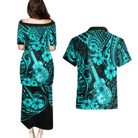 Hawaii Ukulele Couples Matching Puletasi Dress and Hawaiian Shirt Polynesian Pattern Turquoise Version - Wonder Print Shop