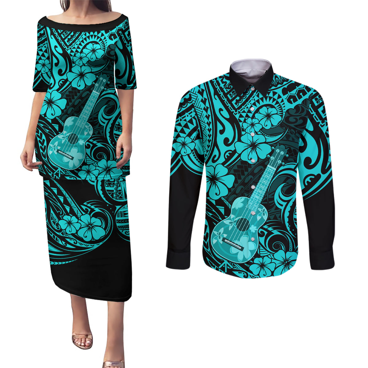 Hawaii Ukulele Couples Matching Puletasi Dress and Long Sleeve Button Shirts Polynesian Pattern Turquoise Version - Wonder Print Shop