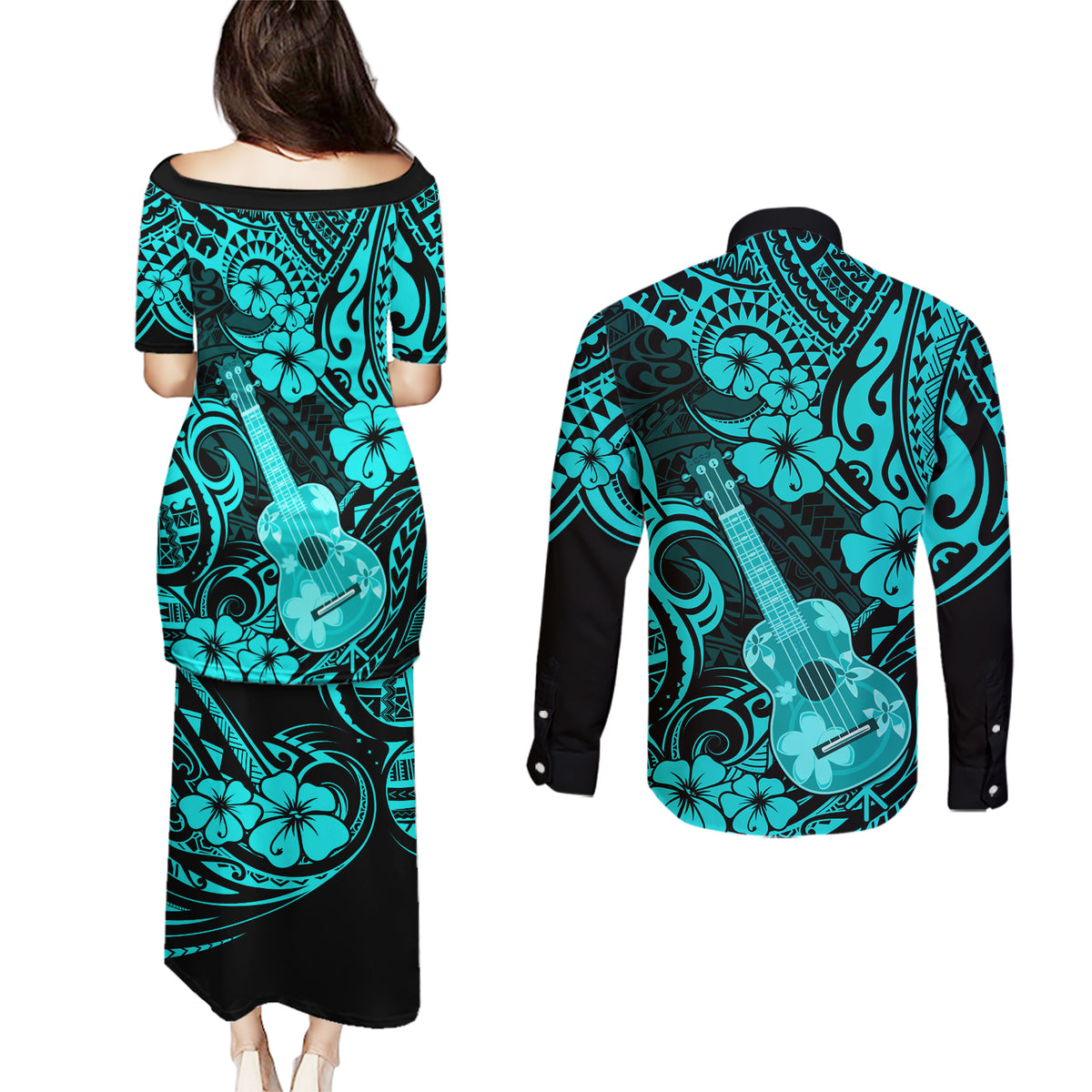 Hawaii Ukulele Couples Matching Puletasi Dress and Long Sleeve Button Shirts Polynesian Pattern Turquoise Version - Wonder Print Shop